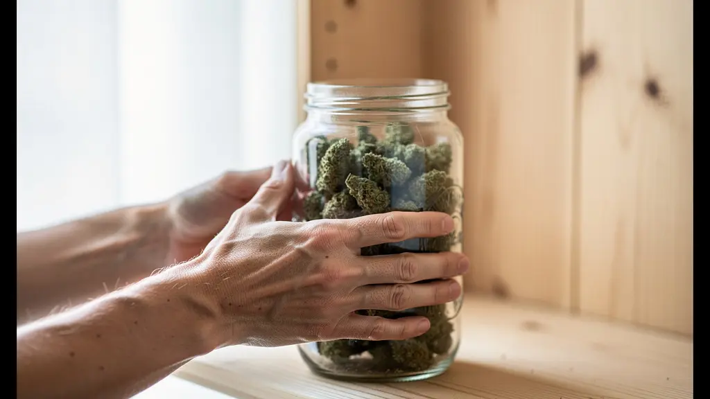 Fleurs de chanvre légal (cannabinoïde T10) dans un bocal en verre sur étagère en bois