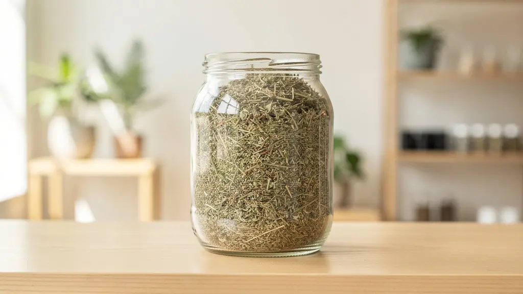 Bocal en verre avec herbes naturelles sur étagère bois, ambiance boutique bien-être