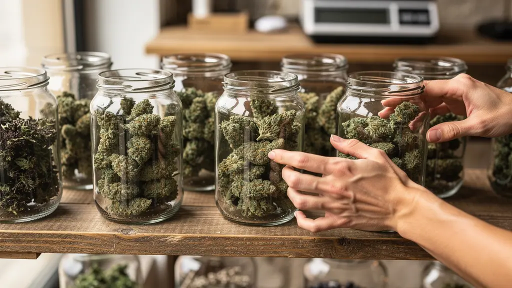 Bocaux de fleurs CBD exposés sur étagère bois en boutique spécialisée