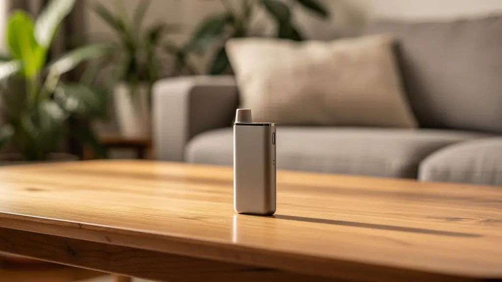 Vaporisateur portable posé sur table basse dans salon moderne