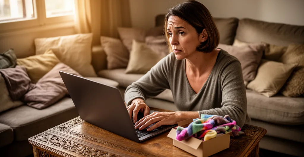 Consommatrice dubitative devant son écran après réception colis CBD