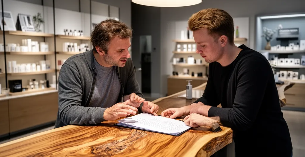 Vendeur expliquant un certificat d'analyse CBD à un client intéressé