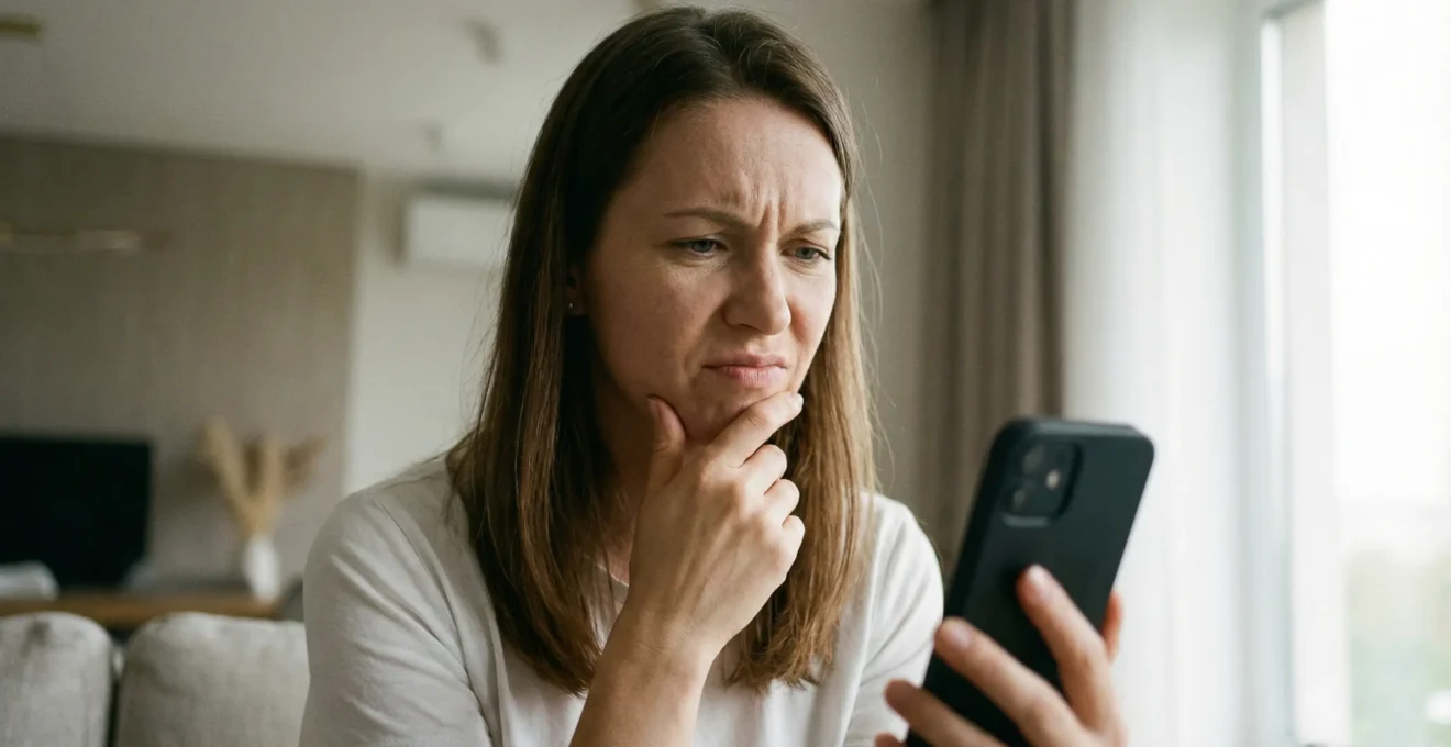 Personne sceptique consultant son smartphone pour vérifier informations CBD-P