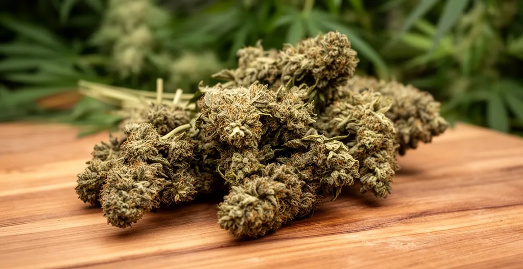 Fleurs de chanvre THV N10 séchées sur surface en bois