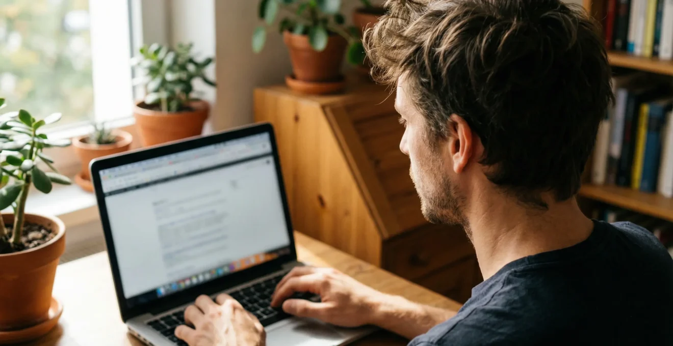 Vue par-dessus l'épaule d'une personne vérifiant plusieurs sources sur le CBD-P