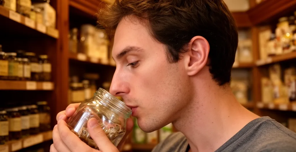 Client testant l'arôme d'une fleur CBD en boutique spécialisée