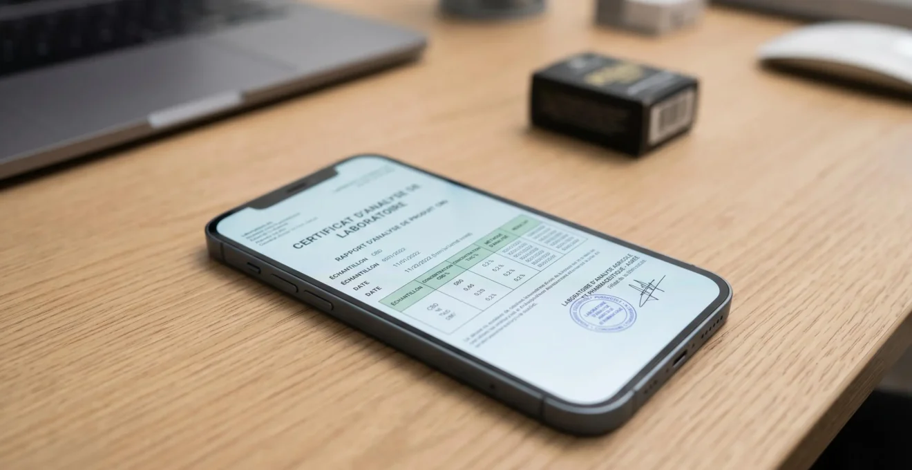 Mains consultant sur smartphone un certificat d'analyse laboratoire de résine CBD affichant les taux de THC et CBD, posé sur bureau contemporain avec emballage produit en arrière-plan