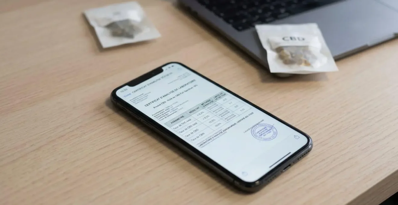 Mains consultant sur smartphone un certificat d'analyse laboratoire de résine CBD affichant les taux de THC et CBD, posé sur bureau contemporain avec emballage produit en arrière-plan