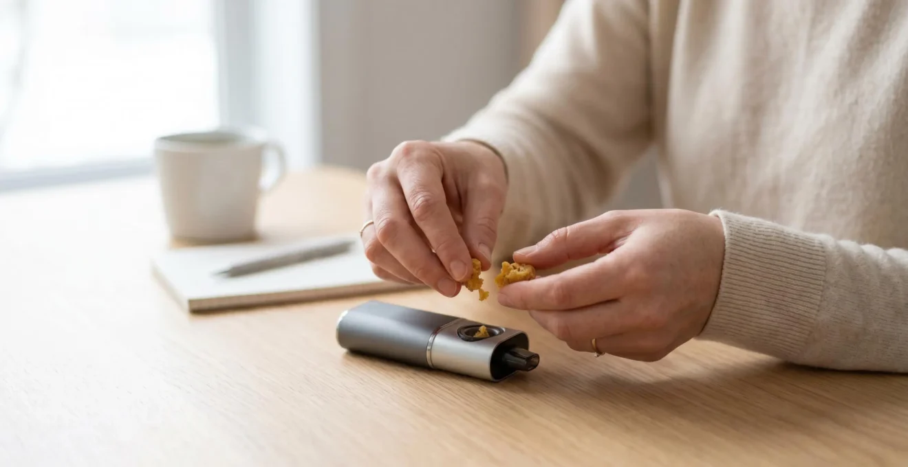 Mains émiettant de la résine de CBD crumble dorée au-dessus d'un vaporisateur portable sur table en bois clair, dans une ambiance bien-être naturelle avec tisane en arrière-plan