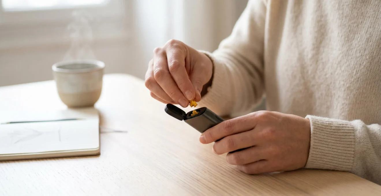 Mains émiettant de la résine de CBD crumble dorée au-dessus d'un vaporisateur portable sur table en bois clair, dans une ambiance bien-être naturelle avec tisane en arrière-plan