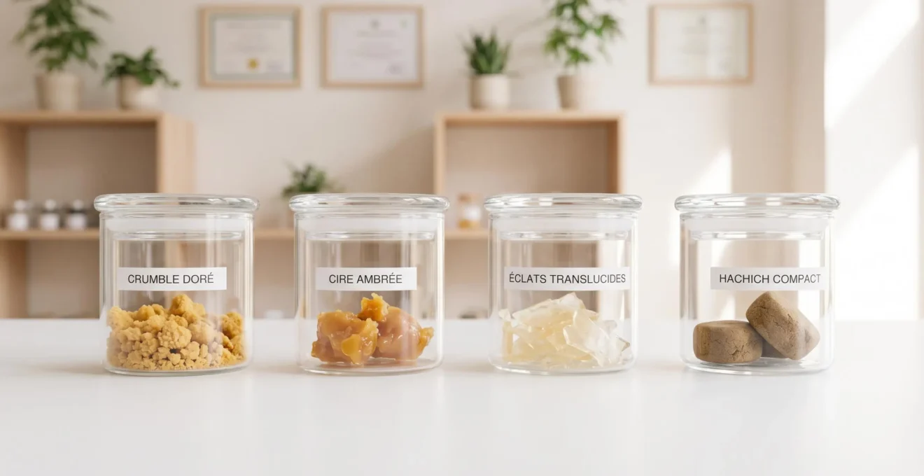 Quatre contenants transparents alignés sur comptoir blanc de boutique CBD présentant différentes textures de résines : crumble doré friable, wax ambrée collante, shatter translucide et hash brun pressé, dans un décor de bien-être naturel épuré