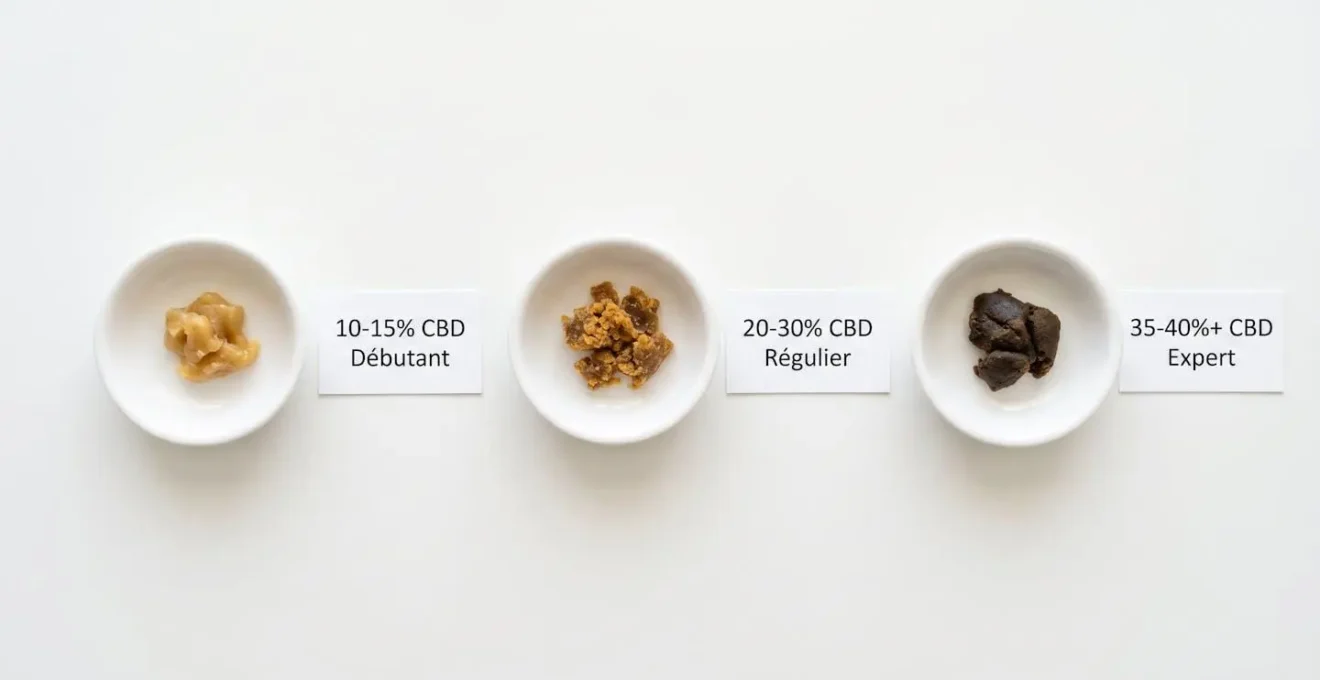 Trois échantillons de résine CBD de concentrations croissantes (10-15%, 20-30%, 35-40%+) disposés horizontalement dans des coupelles blanches sur fond blanc, avec cartes indiquant profil utilisateur débutant, régulier et expert